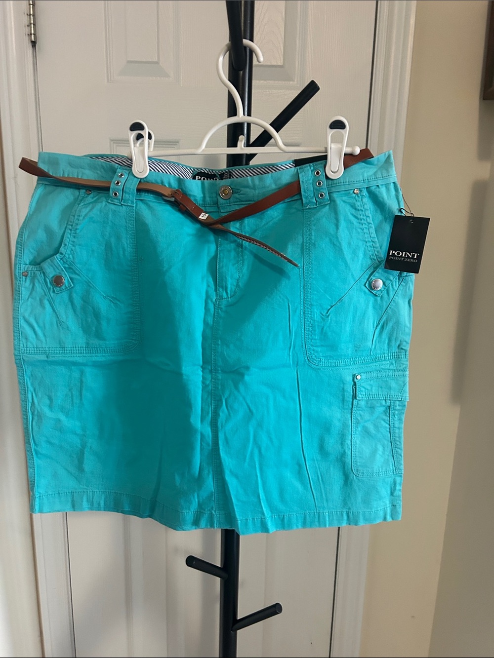 Point Zero Turquoise Utility Skirt with Brown Belt 98% cotton